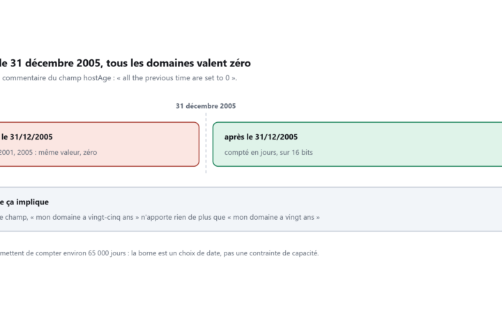 Deux blocs séparés par un repère au 31 décembre 2005 : à gauche, tous les domaines valent zéro ; à droite, le temps est compté en jours sur 16 bits.
