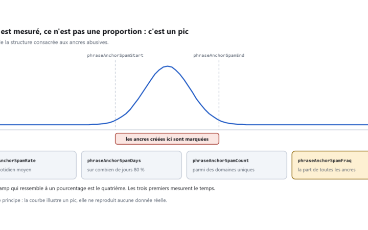 Une courbe en cloche sur un axe de temps, encadrée par deux repères marquant le début et la fin du pic, au-dessus de quatre cartes nommant les champs de mesure.